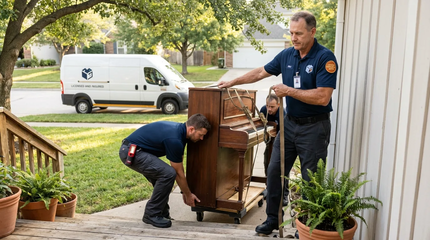 Licensed piano movers securing grand piano in Vernonia, OR