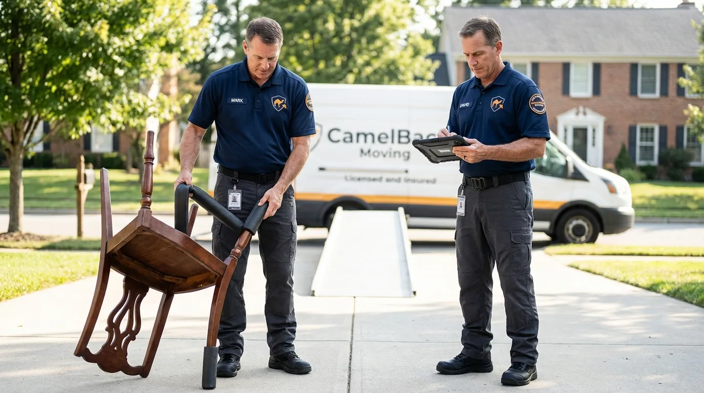 Movers inspecting furniture for damage prevention before loading in Vernonia, OR