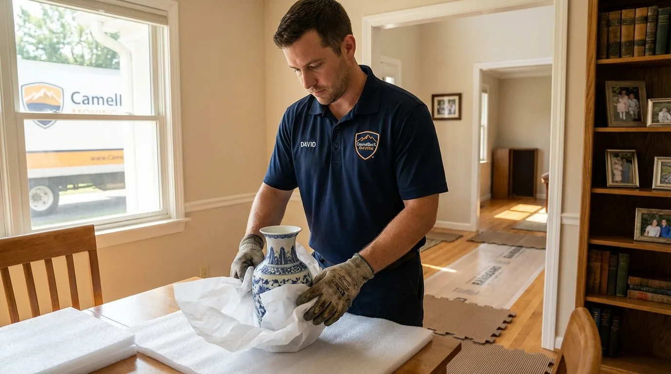 Professional crew carefully wrapping antique vase for senior downsizing move in Vernonia, OR
